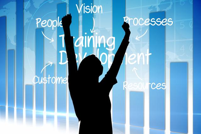 Silhouette of a person cheering in front of business graphs and keywords related to training and development. Useful for illustrating concepts of business success, motivation, achievement, and growth. Ideal for presentations, business training materials, and motivational content.