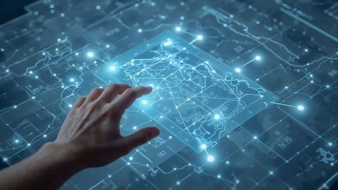 Hand interacting with holographic map interface