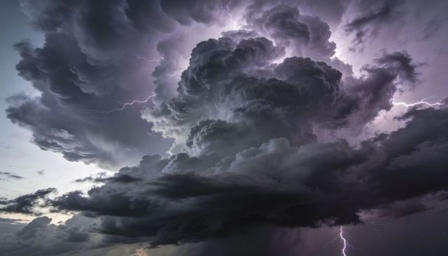 Towering cumulonimbus thunderstorm releasing lightning forks and rain shaft over horizon