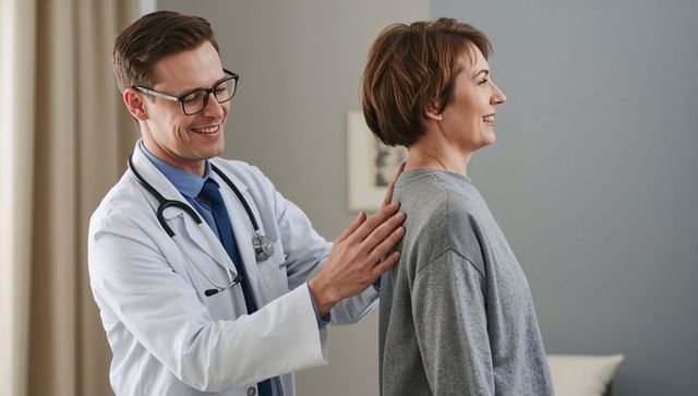 Doctor examining woman's upper back during routine checkup, smiling professional care
