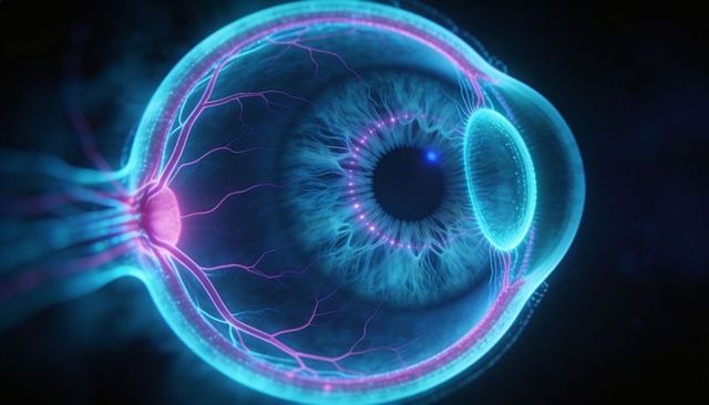 Futuristic glowing eye cross-section showing cornea iris lens retina optic nerve 3d