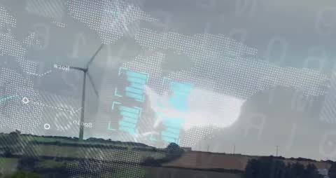 Wind Turbine in Countryside with Digital Data Interface Overlay