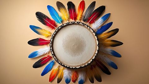 Decorative native american drum adorned with vibrant feathers on display