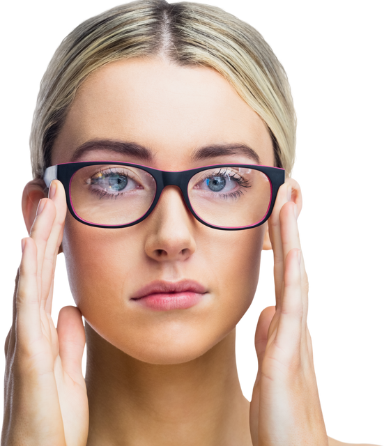 Transparent background of young woman adjusting glasses in studio - Download Free Stock Videos Pikwizard.com