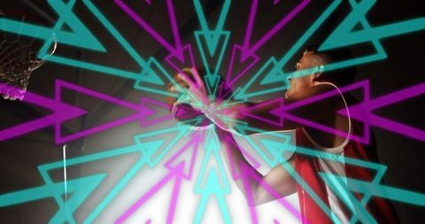 Dynamic basketball player in motion with geometric graphics