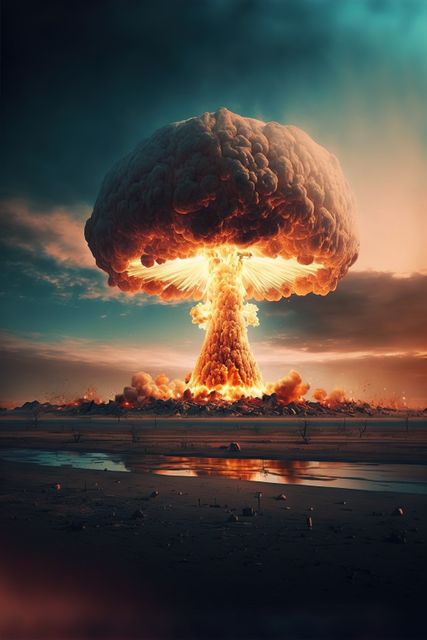 Image of landscape with nuclear explosion created using generative ai technology. Nuclear weapon, explosion and radiation concept, digitally generated image.