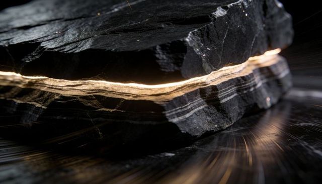 Golden vein running through dark layered rock on glossy surface macro texture