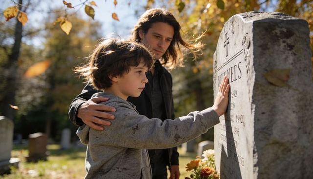 Father supporting son touching headstone during autumn sunlit mourning moment