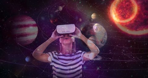 Woman Experiencing Augmented Reality Universe Exploration