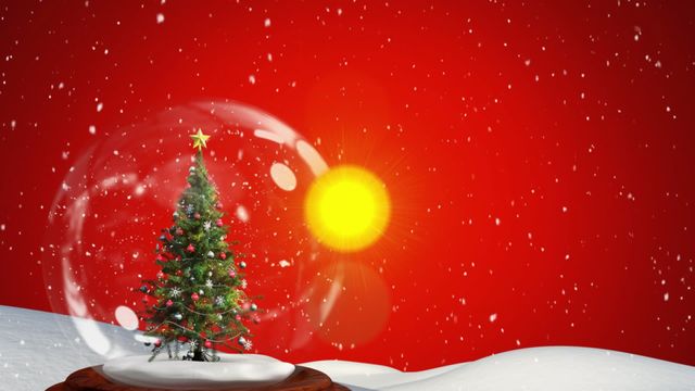 Festive snow globe encapsulates a beautifully decorated Christmas tree with gently falling snow, set against a vibrant red backdrop. This enchanting animation evokes holiday spirit, perfect for Christmas-themed marketing materials, festive digital cards, social media banners, and seasonal presentations.