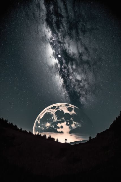 A person stands silhouetted against the backdrop of the night sky, gazing at the luminous moon and the dazzling Milky Way galaxy stretching across the horizon. Perfect for concepts related to astronomy, space exploration, the beauty of the cosmos, and the allure of the night sky. Ideal for use in educational materials, inspirational posters, and digital wallpapers.