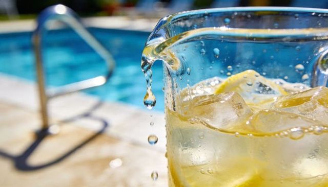 Sunlit lemon pitcher dripping at poolside with ice cubes and glass condensation