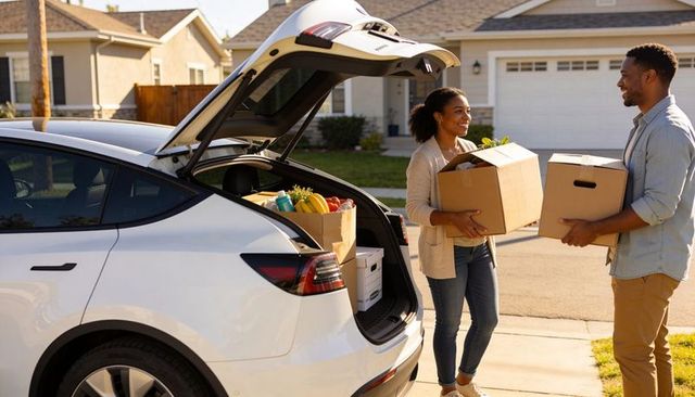 Couple loading boxes and groceries into white suv on suburban driveway