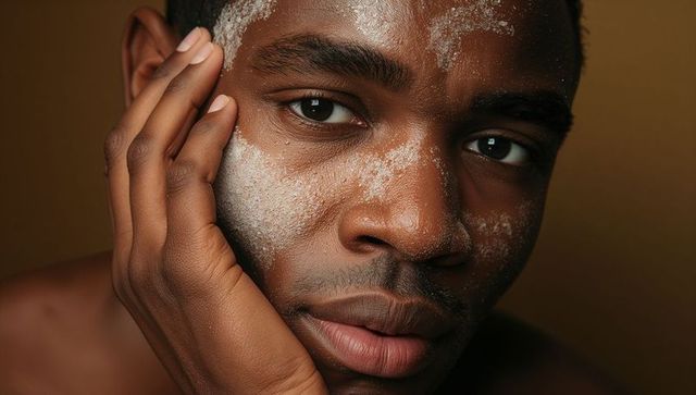 Resting young man with powder residue on face closeup showing skin texture and contemplative gaze