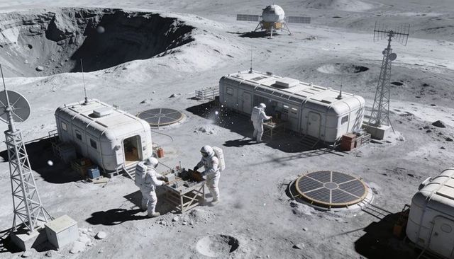 Astronauts repairing scientific gear at modular lunar base with solar arrays and lander