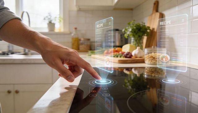 Activating smart induction cooktop displaying holographic recipe panels in modern kitchen