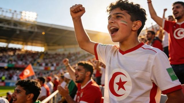 Young tunisian fan cheering, raising fist, celebrating goal in energetic stadium crowd
