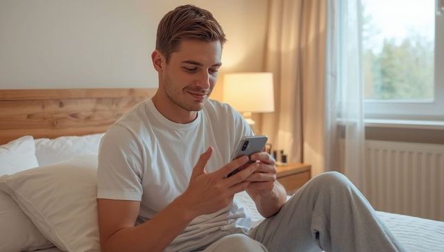 Relaxed Young Adult Engaging with Smartphone on Bed in Cozy Bedroom
