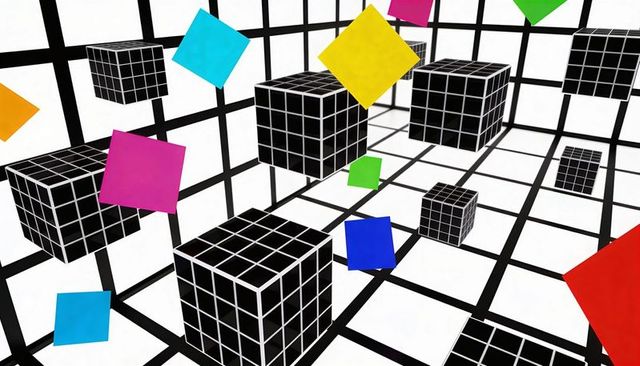 Floating Wireframe Cubes with Vibrant Color Panels in White Grid Space, Abstract 3D
