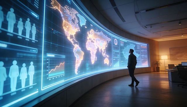 Analyst studying glowing world map on curved data visualization wall in control room