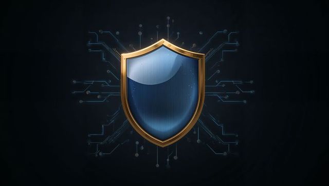 Futuristic cyber shield guarding digital networks with gold rim and blue holographic crest