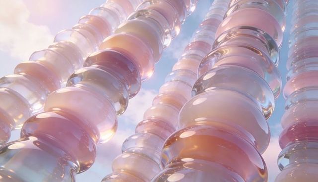 Iridescent glass-bead columns rising through pastel sky with soft specular highlights