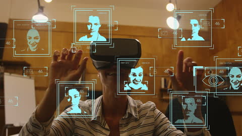 Woman Using VR with Digital Data Interfaces in Office Environment