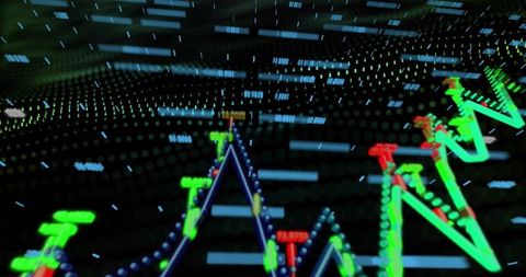 Neon holographic trading chart showing glowing data nodes and moving zigzag lines