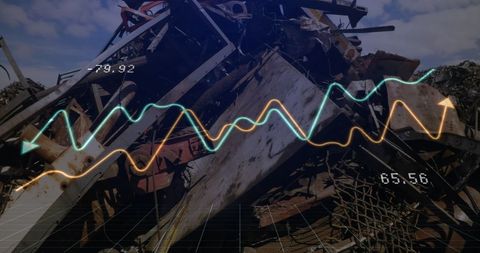 Financial Data Overlay on Scrapyard Machinery with Growth Arrows