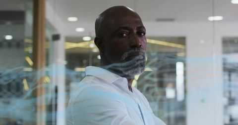 Executive Viewing Corporate Office with Blue Panel Graphics