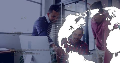 Collaborating tech team coding with global digital map overlay driving innovation