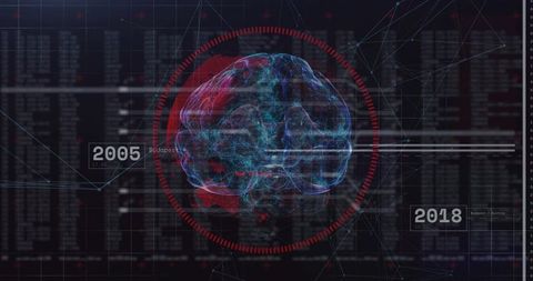 Futuristic Brain Hologram with Timeline and Data Grids