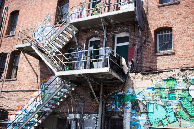 Graffiti in an alley featuring vibrant colors and detailed designs. Fire escapes connect multiple levels of the old brick building. It shows an urban artistic scene, perfect for contexts like street culture, urban development, and creative backgrounds.