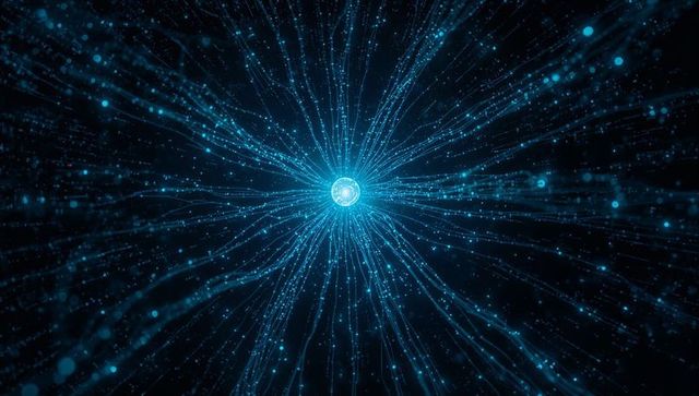 Cyan energy core with radiating particle filaments and futuristic data stream background