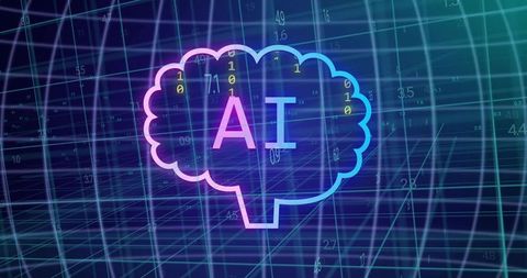 Neon holographic brain with ai text and binary overlay in virtual grid data network scene