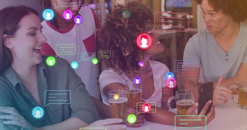 Happy Friends Engaging with Social Media Icons Overlay