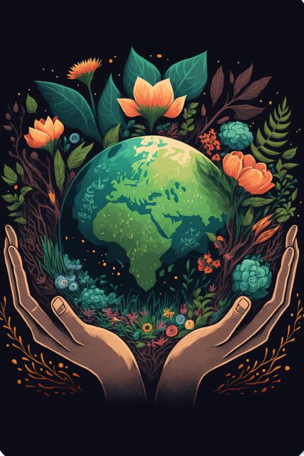 Hands embracing globe with flowers on black background, created using generative ai technology. Earth day and ecology concept digitally generated image.