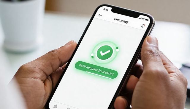 Confirming Prescription Refill on Mobile Pharmacy App with Green Checkmark and Hands