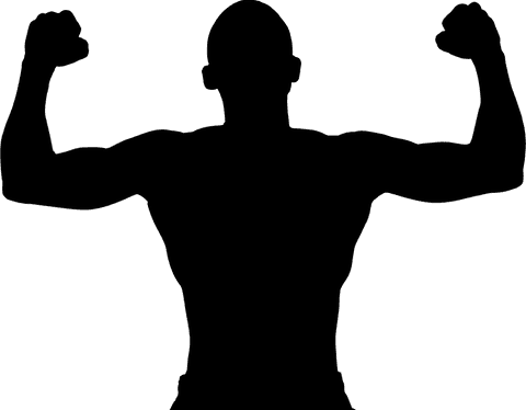 Transparent silhouette of athlete flexing muscles facing side