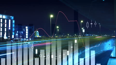 Financial Data Overlay with Cityscape at Night