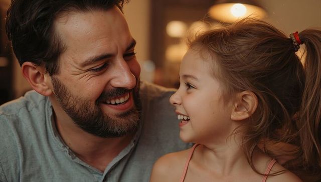 Father laughing with daughter sharing warm cozy evening moment closeup portrait