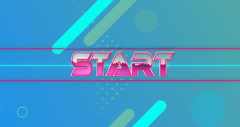 Retro Futuristic START Icon in Pink Metallic on Blue