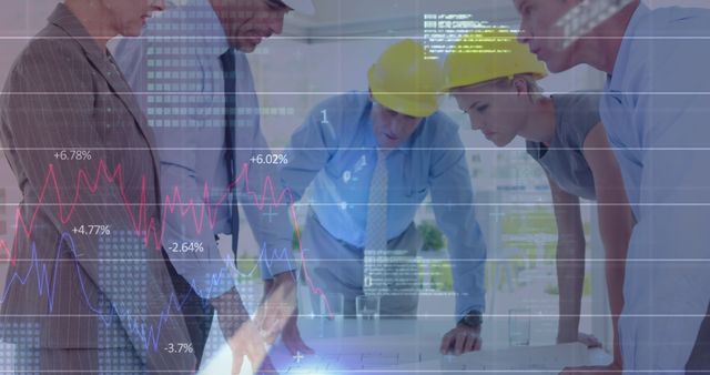 Image of financial data processing over construction site workers discussing in the background. Global business finance network interface concept digital composite