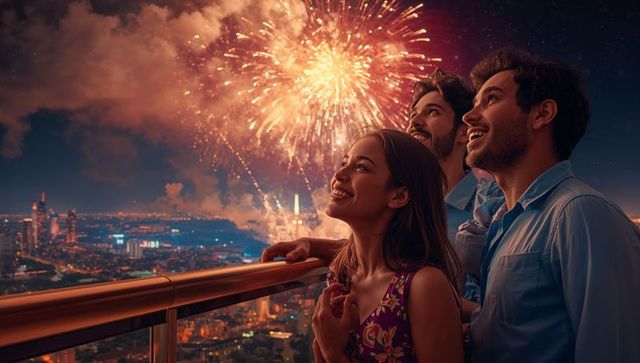 Friends Enjoying Fireworks From Balcony at Night