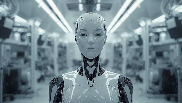 Humanoid robot standing in robotics lab showcasing glossy panels and exposed actuators