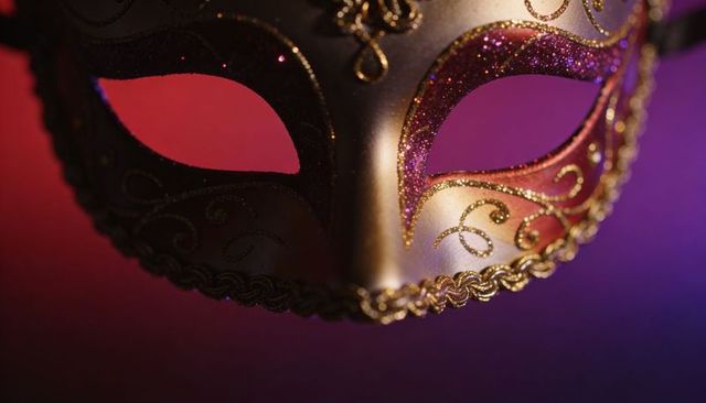 Sparkling venetian masquerade mask with gold filigree and purple glitter