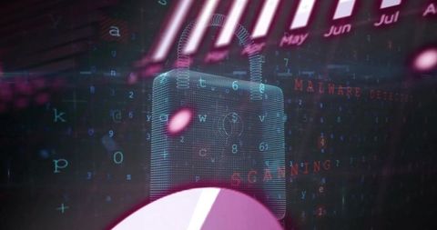 Mesh padlock hovering over cyber dashboard scanning malware with neon wireframe interface
