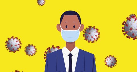Illustration of Masked Man with Virus Particles on Yellow Background - Download Free Stock Images Pikwizard.com