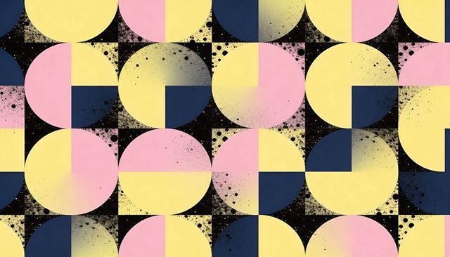 Midcentury Geometric Circle Tessellation in Pink Yellow Navy with Speckled Grunge Texture