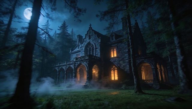 Moonlit gothic manor in misty forest with glowing amber windows and arched colonnade